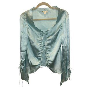 St. John Couture sea glass aqua silk lace up front blouse top 6